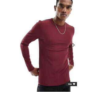 ASOS DESIGN muscle fit long sleeved T-shirt in burgundy with ribbed detail